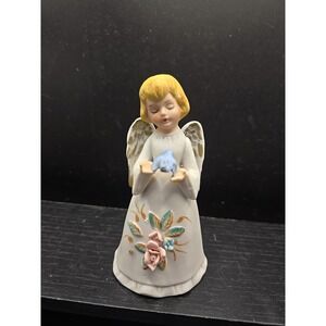 Vintage HOMCO Angel W/‎ Flowers Holding Blue Bird Porcelain Bell Figurine Bisque
